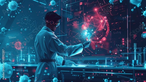 Scientific Discovery: A 3D vector illustration of a scientist using a futuristic device to manipulate atoms