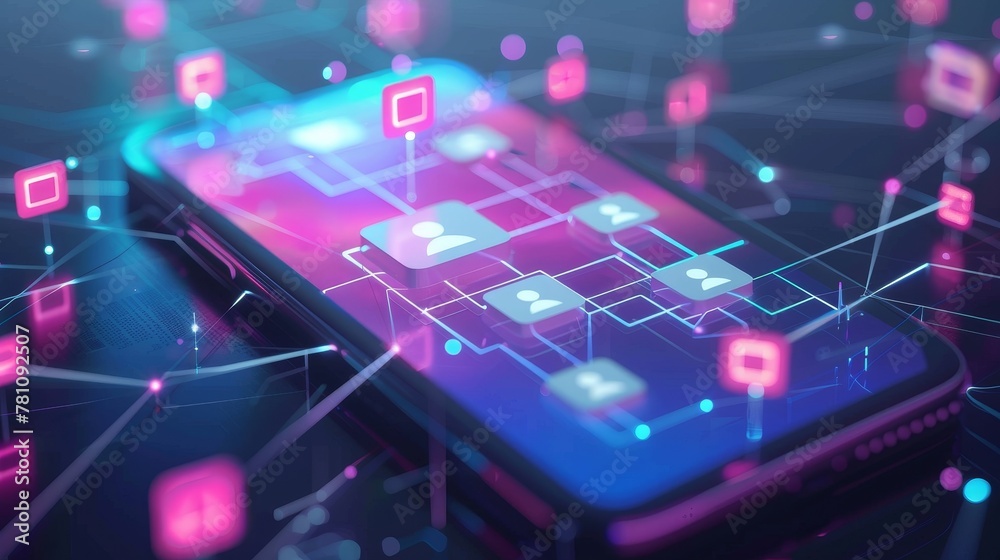 Naklejka premium Social Media and Digital Marketing: A 3D vector graphic of a smartphone screen