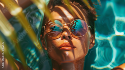 Woman relaxing in a pool wearing reflective sunglasses with palm shadows and water ripples. Summer and relax on vacation concept.