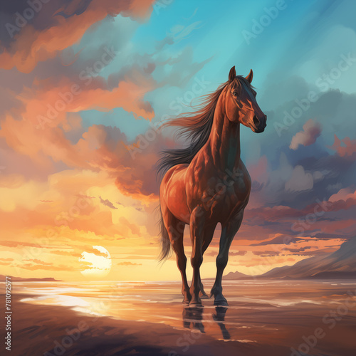 Brown horse standing on top of a sandy beach under a cloudy blue and orange sky with a sunset.