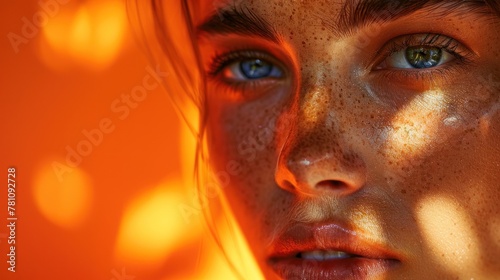A captivating orange-toned image  highlighting exquisite skin and abundant copy space.