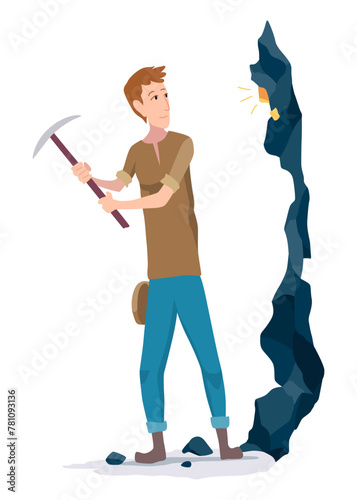 Golden miner. Digger character find minerals and gold working, digging exact. Gold mineral extraction. Vector illustration in cartoon style