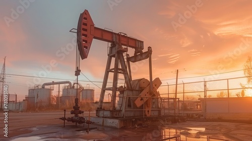 Old crude oil pumpjack rig on desert silhouette in evening sunset, energy industrial machine for petroleum gas production background. photo