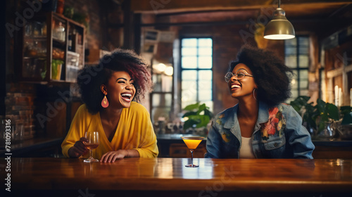 Two young fashionable African American girls drinking alcohol cocktails at a bar counter, wine glass, women friends having a drink, laughing in a pub, enjoying night party with trendy beverages photo