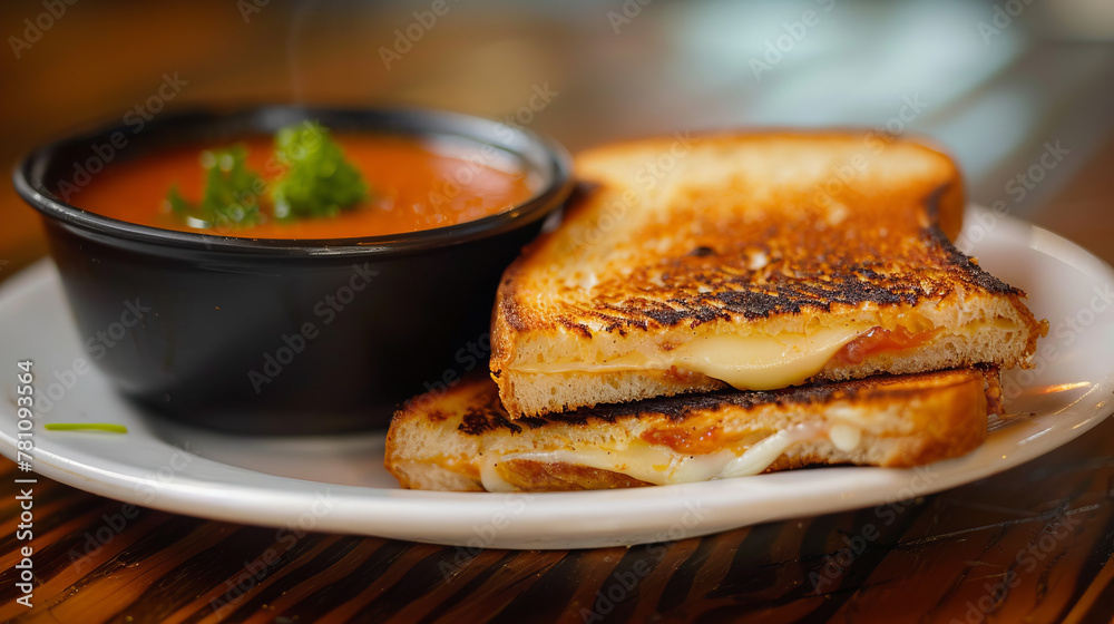 A plate of grilled cheese sandwich and tomato soup