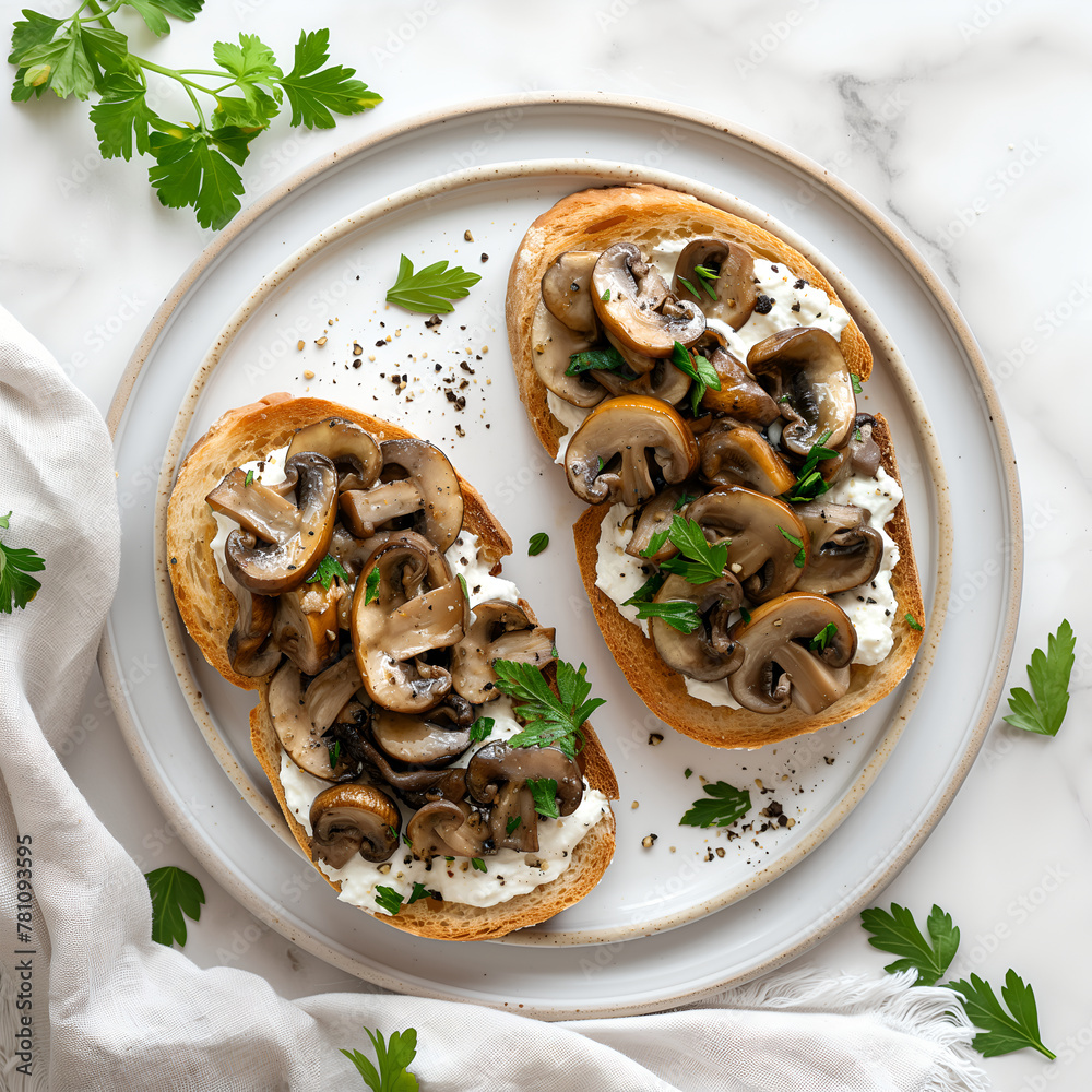 Mushrooms with ricotta Tartines on white plate topview Mushrooms with ricotta Tartines on white plate topview