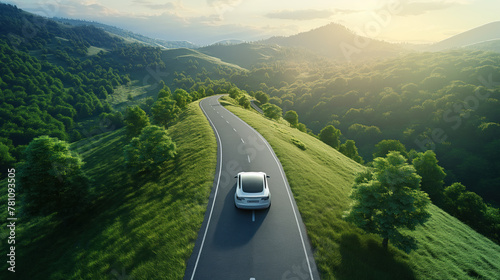 Electric car on the road in the countryside, driving on sunny day near forest on green hills. Modern white automobile on clean energy. Traveling by car, beautiful landscape, top view