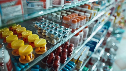 Pharmacy Counter Display: Assorted Prescription Medications in Close-Up