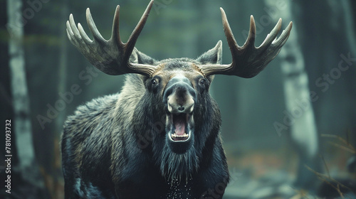 Angry elk at the edge of the forest. photo