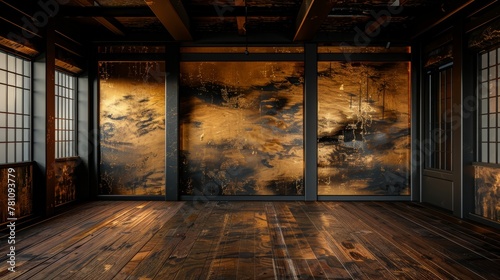 vintage Japanese room, background. Traditional high class Japanese style room with gold back style painting walls. Hand-edited.
 photo