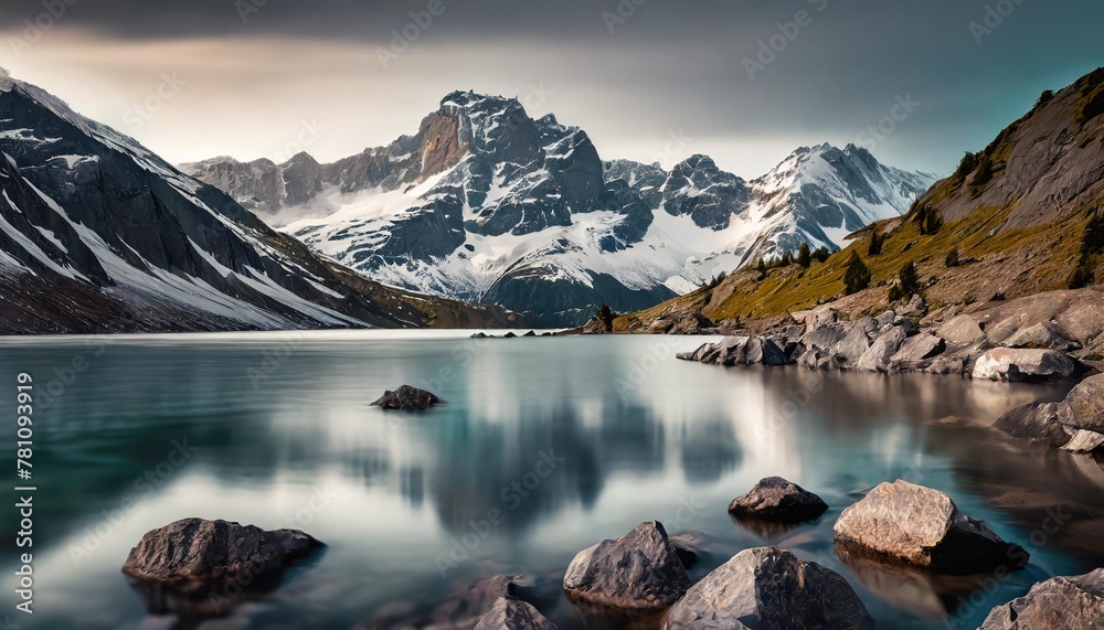 a mountain range with a body of water in the foreground and rocks in the foreground and snow capped mountains in the background