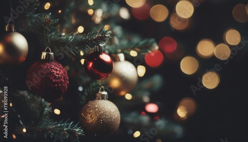christmas tree with red gold ornaments and baubles on blurred bokeh lights background generative ai photo