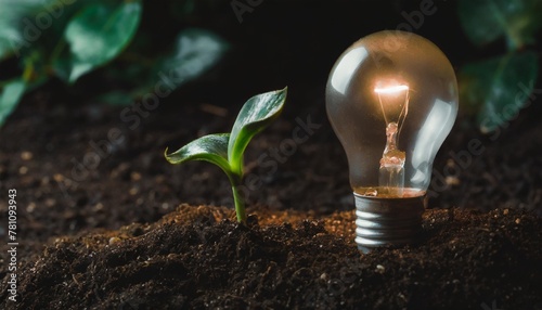 a light bulb is glowing in the dirt next to a plant concept of growth and life as the light bulb represents the potential for new growth