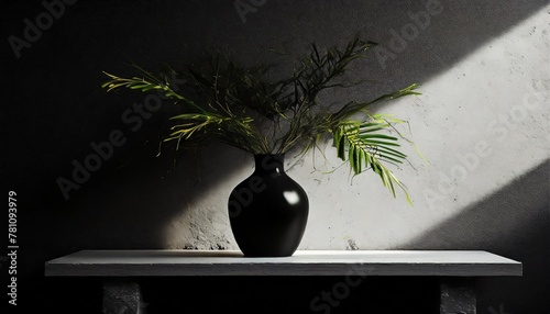 black vase with plant on shelf against white wall on black table top background high quality photo © Robert