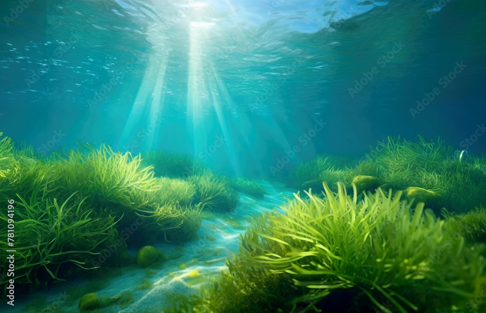 Fototapeta premium Underwater seascape with green aquatic algae on the ocean floor with natural sunlight.