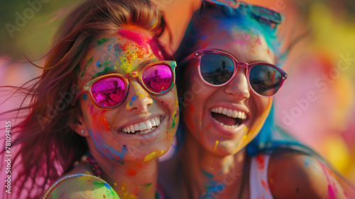 Cheerful friends lesbian girls at the festival of colors Holi