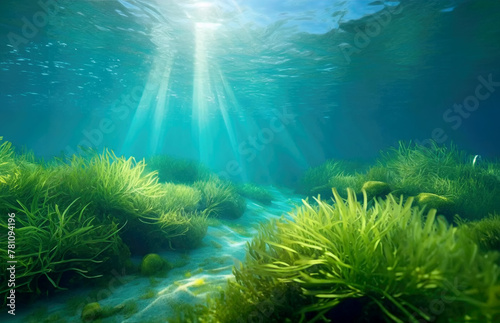Underwater seascape with green aquatic algae on the ocean floor with natural sunlight. © Cagkan