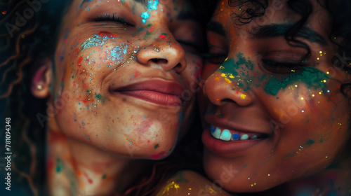 Cheerful friends lesbian girls at the festival of colors Holi