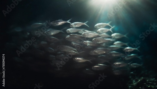 big amount of the small fish underwater in bright light of sun
