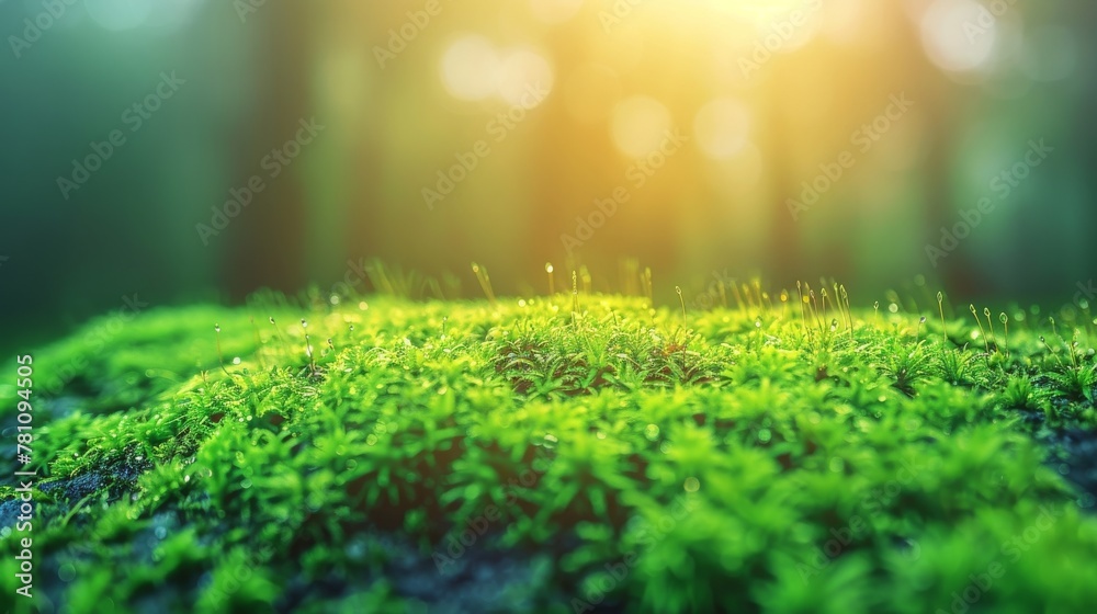 Close-up, nature textures, bright green colors of fresh grass, moss. Foggy natural background, dewy morning. Shallow depth of field. Banner.