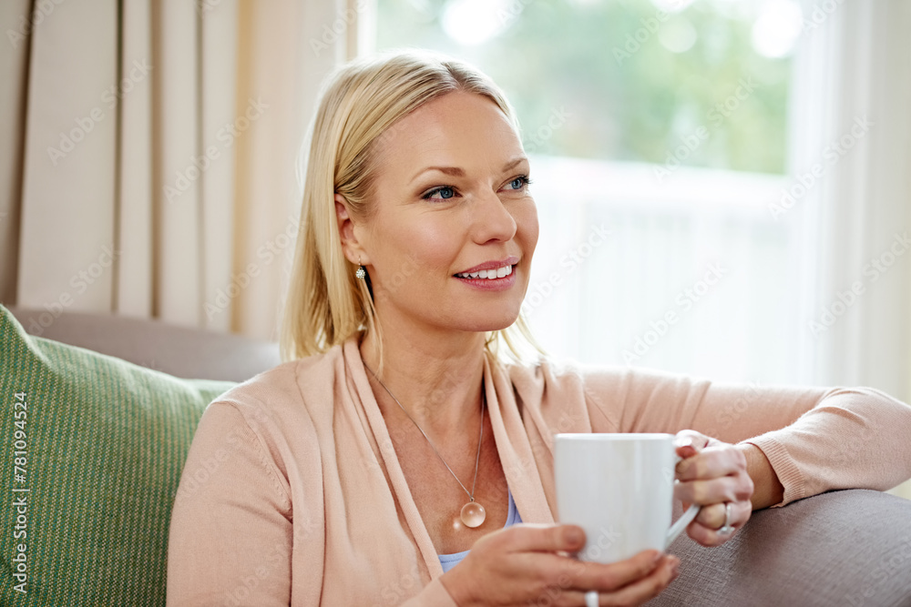 Woman, thinking and coffee in home, relax and lounge, couch and morning in weekend, peace and break. House, living room and female person with cup, smile and tea to rest, daydreaming and cozy sofa Woman, thinking and coffee in home, relax and lounge, couch and morning in weekend, peace and break. House, living room and female person with cup, smile and tea to rest, daydreaming and cozy sofa