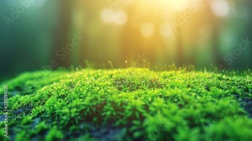Close-up, nature textures, bright green colors of fresh grass, moss. Foggy natural background, dewy morning. Shallow depth of field. Banner. photo