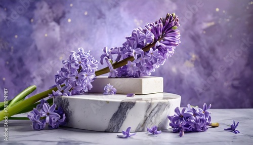 empty marble podium with purple hyacinth flowers on lilac background with copy space fresh natural mockup for cosmetic product advertising natural composition eco concept template flat lay