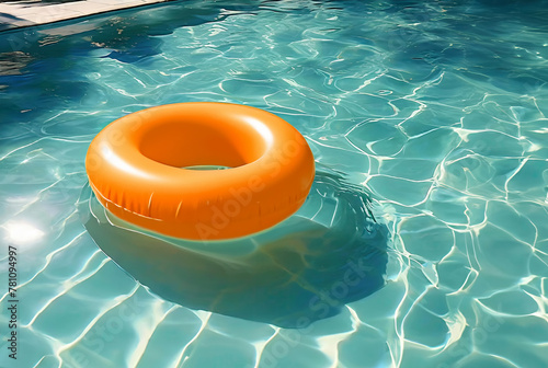 Orange colored inflatable swimming float or ring on the swimming pool.