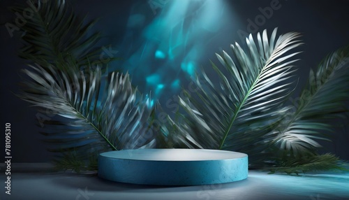 podium de presentation rond avec feuilles tropicales couleur bleu beaute cosmetique bien etre pour conception et creation graphique photo