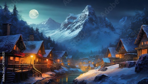 mountain village in the winter vector style illustration for your design generative ai © Robert