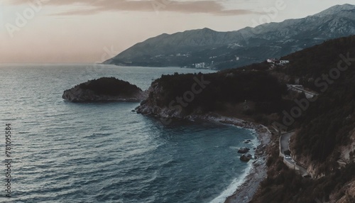 panoramic landscape of the rocky coastline sea and jaz beach at sunshine budva montenegro adriatica top view