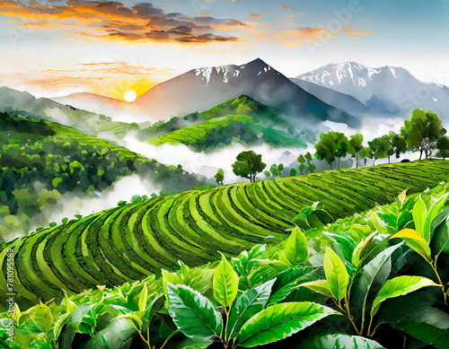 tea plantations landscape with trees and mountains