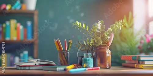 Colorful school supplies on a desk featuring pencils, crayons, paintbrushes, and paper in a classroom setting . concept of Back to school education banner background. photo