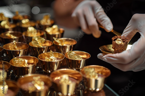 A person is holding a spoon in front of a table full of gold colored desserts