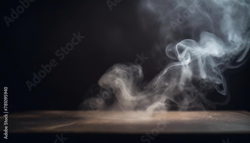 fog and smoke on table in black dark background halloween backdrop