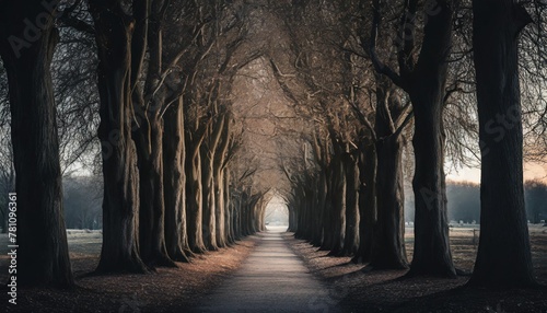 tunnel like avenue of linden trees tree lined footpath through park at sunrise