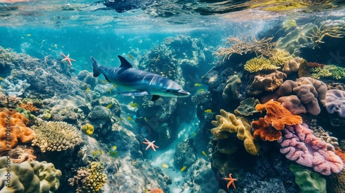 A dolphin swims among colorful coral reefs. the underwater world of the ocean positively surprises and attracts many tourists to enjoy the incredible sea views