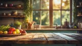 the kitchen summer window background is blurred serving as the backdrop for a bleached wooden table top