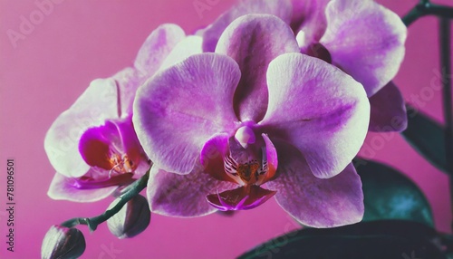 beautiful purple phalaenopsis orchid flowers on bright pink background tropical flower branch of orchid close up pink orchid background holiday women s day march 8 flower card flat lay