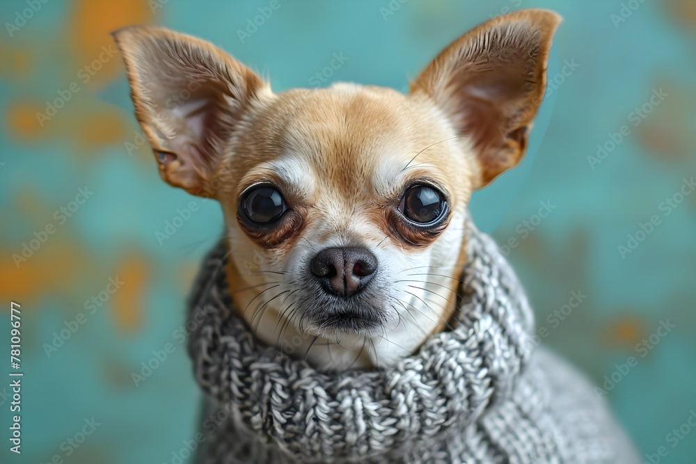 Adorable Chihuahua Puppy Wearing Cozy Knit Sweater in Soft Focus Portrait
