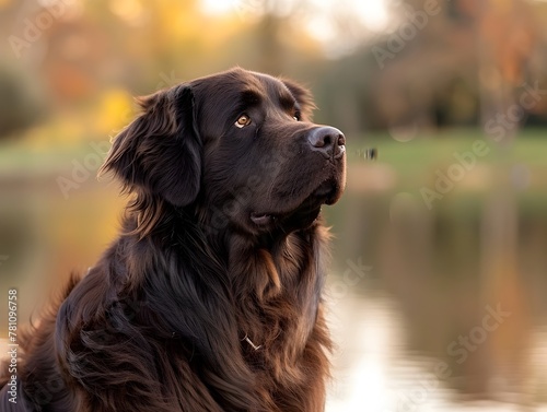 A Majestic Newfoundland Beside a Serene Lakeside Highlighting the Breed s Size and Gentle Protective Instincts photo