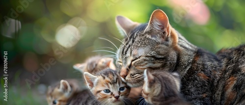 A mother cat tenderly grooming her kittens highlighting the nurturing aspect of feline behavior in a close up tranquil scene