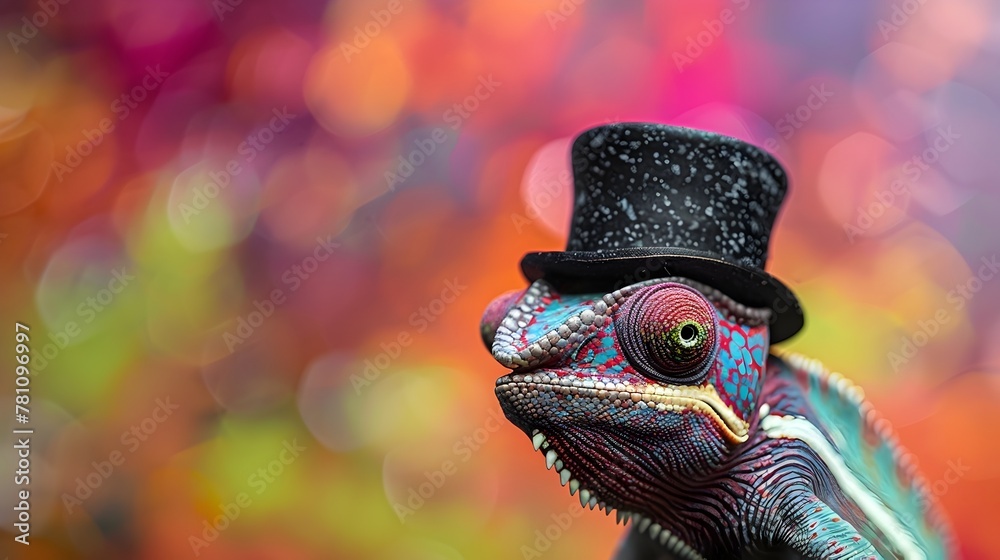 Fototapeta premium Chameleon Wearing a Tiny Top Hat Blending into Vibrant Colorful Background