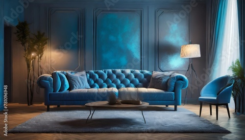 comfortable sofa in a pleasant blue living room