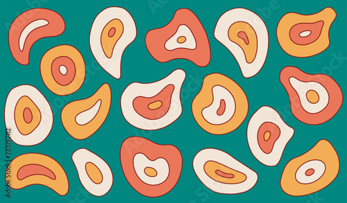simple abstract geometric background, simple geometric shapes in yellow, orange, beige colors with line stroke on green background, simple rounded forms, Y2K