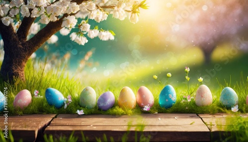 painted easter eggs in the grass celebrating a happy easter in spring with a green grass meadow cherry blossom and bright sunlight background rustic wooden bench to display products