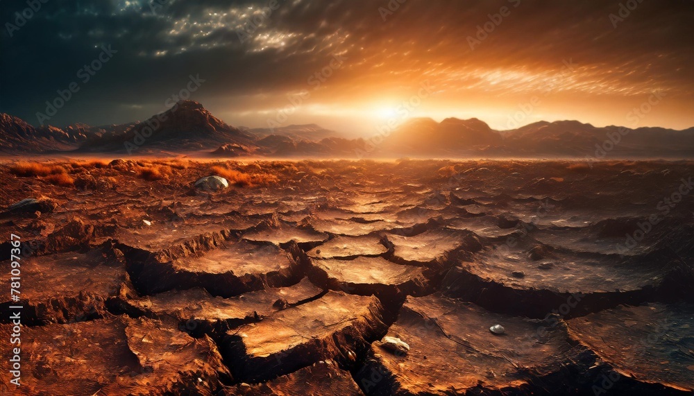 dramatic sunset over cracked earth desert landscape background