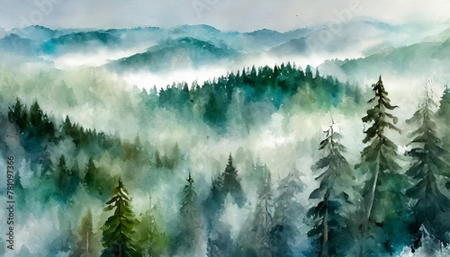 green horizontal landscape of foggy forest winter hill wild nature frozen misty taiga watercolor background