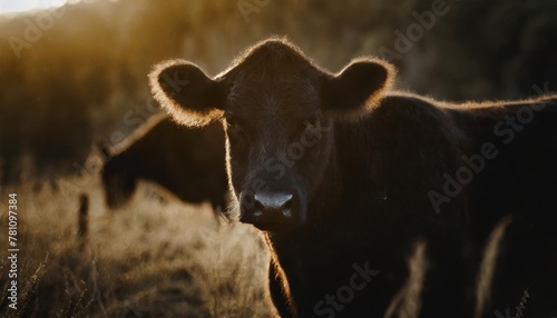black angus cattle on a field of grass under the setting sun photo