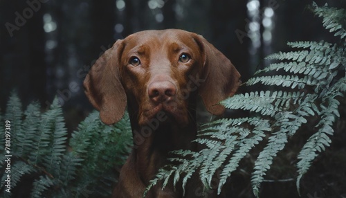 a red dog in a fern hungarian vizsla in nature pet in the forest